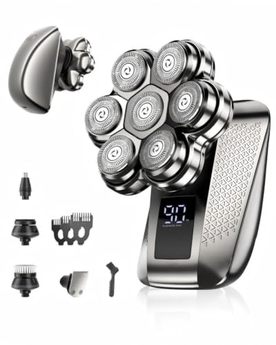 Image of 7D Head Shavers for Bald Men, Waterproof Wet or Dry Electric Razor for Men, 5-in-1 Detachable Head Shaver, Grooming Kit, LED Display /Type-C Charge, Travel-Friendly-Steel Gray