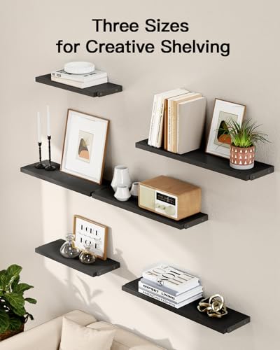 Image of AMADA HOMEFURNISHING Wall Shelves Set of 6, Wood Floating Shelves for Decor, Rustic Farmhouse for Bedroom, Bathroom Storage, Book Shelves for Living Room, Black
