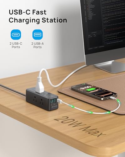 Image of TROND Surge Protector Power Strip with 360 Rotating Flat Plug, Black | Flat Extension Cord 3ft, 6 Widely Spaced Outlets and 2 USB-C PD20W Ports, 1440J Surge Protector for Home Office Dorm