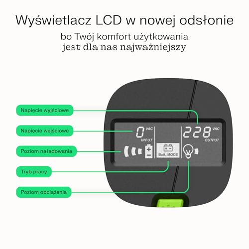 Greencell PowerProof Zasilacz Awaryjny UPS 2000VA 1200W z Wyświetlaczem LCD | Zmodyfikowana Fala Sinusoidalna, Ochrona P