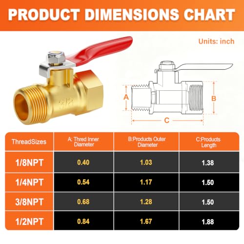 Image of GASHER 6PCS 3 /8 Inch Brass Mini Ball Valve, Shut Off Valve, 3 /8 Inch Male x Female NPT Thread Pipe Fitting