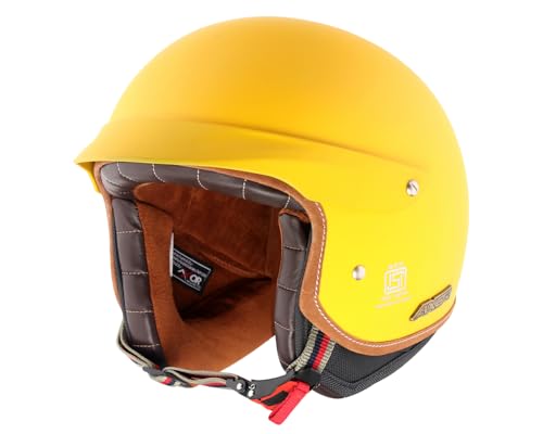 Image of Axor Retro Jet West with Peak ISI and DOT Certified Matte Finish Open Face Helmet for Men and Women with Stylish Peak-Dull Yellow-XL