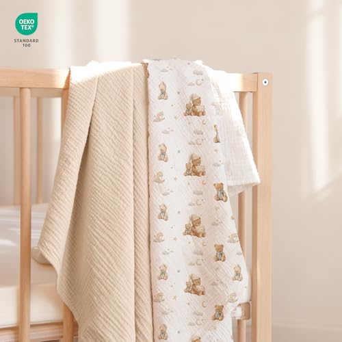 Image of lulumoon Muslin Swaddle Blankets for Baby: Soft Cotton Newborn Receiving Blankets - Plaid Print Nursery Gift Set for Baby Girls(Bear)