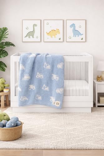 Image of L+L USA Construction Trucks Baby Blanket 28 inchx40 inch - DreamSoft Knit Throw for Crib, Stroller, Car Seat - Soft Newborn Nursery Gift Essential Toddler, Infant, Kids, Boys & Girls (Steel Blue /White)