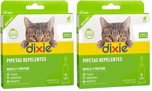 DIXIE - Pipetas Repelentes Gatos - 4 uds x 1 ml - Pipetas Repelentes - 4 Meses de Protección - contra Piojos, Mosquitos, Pulgas y Garrapatas - sin Insecticidas - Todos los Tamaños de Gatos