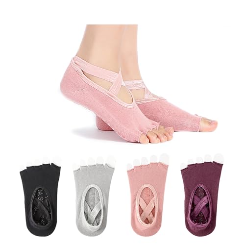 MUEMIIVE Pilates Socks with Grips for Women, Non Slip Toeless Grip Socks Pilates with Straps, 4 Pairs Grippy Sock for Yoga Hospital Workout Barre (Black Gray Pink Red Size 5.5-11)