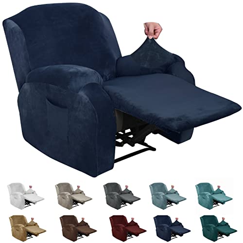 XINEAGE 4 Pieces Velvet Recliner Slipcover Stretch Recliner Chair Cover with Side Pocket Anti-Slip Fitted Recliner Cover Couch Furniture Protector with Elastic Bottom (Recliner, Navy)