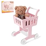 Saichotoy Wooden Shopping Cart for Toddlers: Doll Stroller, Baby Walker Push Toy Pretend Play for Kids Girls Age 1-3 (Pink)