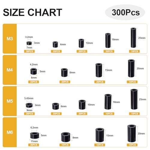 Image of Exqutoo 300Pcs ABS Round Spacers, ID 3mm, OD 7mm; 4mm, 8mm; 5mm, 9mm; 6mm, 11mm; Multiple Lengths, Non-Threaded Washers Suitable for M3 M4 M5 M6 Screws Hardware