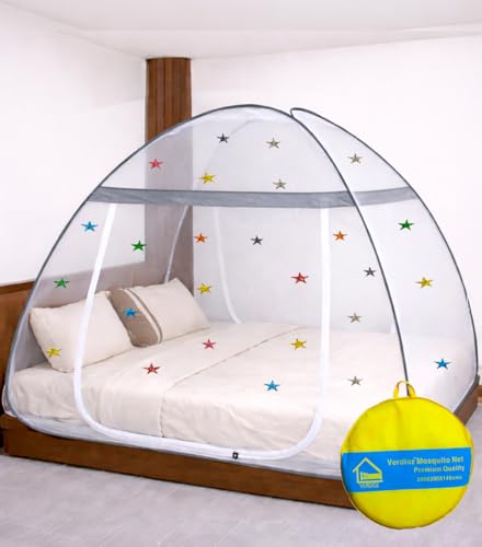 Image of VERDIOZ Mosquito Net for Double Bed King Size with Multicolor 3cm Glittery Star Design | Strong 28 GSM White Net | Steel Wire | 2 Doors Foldable Machardani - (Grey with Stars)