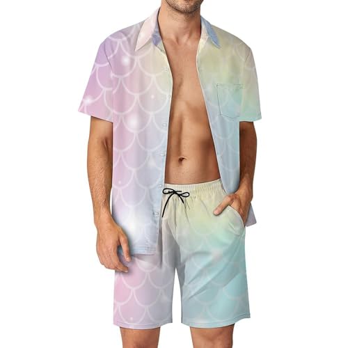 Chemise Hawaïenne Homme Sirène Rose à Paillettes avec Short et Pantalon de Plage 2 Pièces