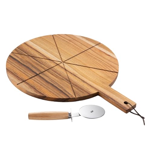 Alex Nash Acacia Wood Pizza Board with Cutter Set – 12” Round Pizza Cutting Board Serving Tray with Paddle Handle, Stainless Steel Cutter and 6 Slicing Grooves for Kitchen – 44 x 31.5 x 1.5cm
