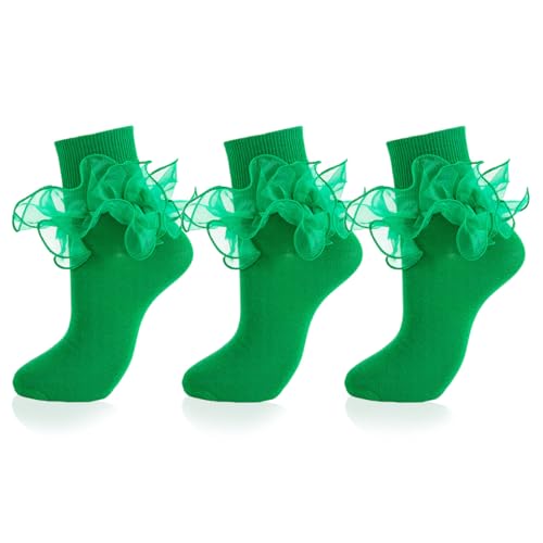 Image of Women Big Ruffle Ankle Socks Adult Double Lace Frilly Turn Cuff Dress Socks Cotton Cute Fancy Bobby Crew Socks