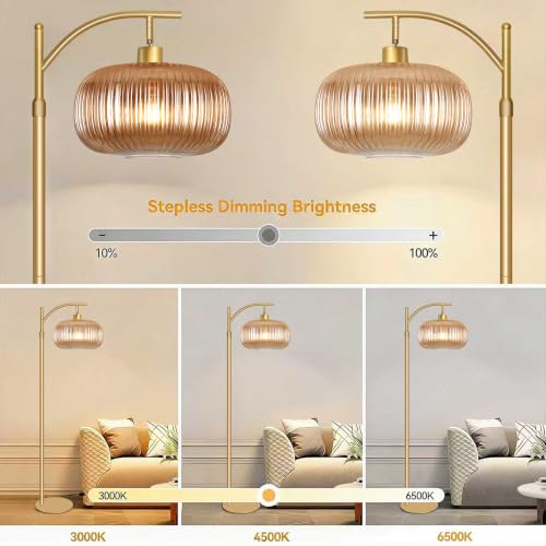 Image of Glass Floor Lamp for Living Room, Bedroom, Gold Tall Lamp with Amber Shape