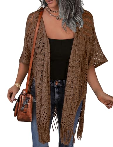 Image of HOTOUCH Womens Knit Cardigan Open Front Outwear Hollow Out Crochet Tassel Lightweight Kimonos Sweater S-XXL
