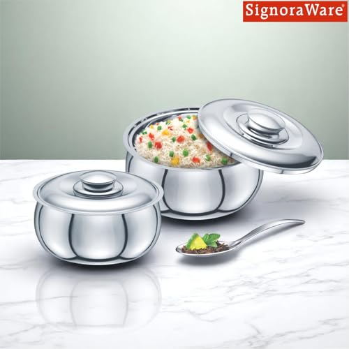 Image of Signoraware Hot Delight Stainless Steel Casseroles| Insulated Food Warmers| Easy to Clean| Retain Freshness For Hours| Odor-Free| Perfect for Gifting (1Ltr & 1.5Ltr| Set of 2| Steel)