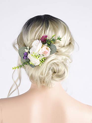 Anglacesmade Peineta para el pelo con flores de marfil para novia, clip para el pelo de color burdeos, accesorio para el pelo, para novia, dama de honor, flor, para boda, joyería para mujeres y niñas Cover
