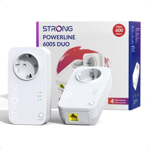 STRONG AV600 Mbit/s Powerline Adapter zestaw z gniazdkiem, HomePlug AV2 Powerline wzmacniacz internetowy, Plug & Play, zabezpieczenie jednym przyciskiem, tryb oszczędzania energii, porty LAN 100 Mbit