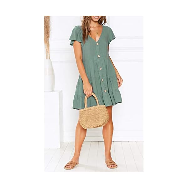 MITILLY Women's Summer Short Sleeve V Neck Button Down Casual Tunic Dress with Pockets Medium Sage