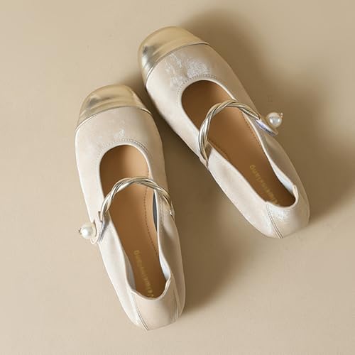 Women's Round Toe Flat Mary Jane Ballet Shoes Fashion Leather Splicing Pearl Buckle Strap Flats Comfortable Slip On Shallow Mouth Business Office Work Casual Walking Dress Shoes4