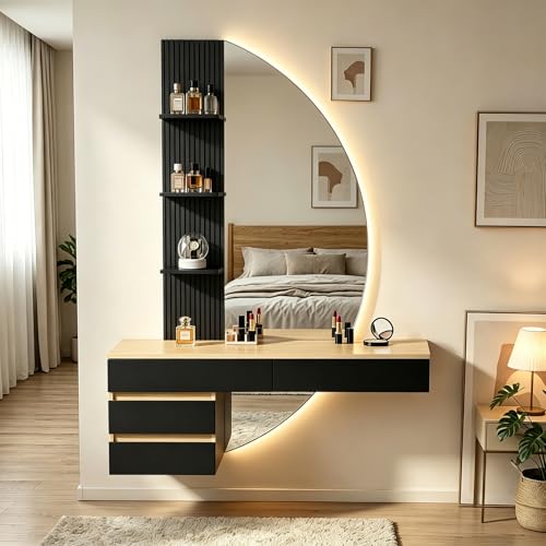 TRIUMPHKEY Coiffeuse avec Éclairage et Miroir – Coiffeuse Murale Moderne avec Lumière LED, Miroir HD Dimmable & Grand Rangement – Table de Toilette Gain...