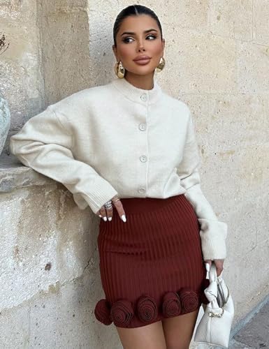 Image of Wyeysyt Womens Knitted Crop Cardigan Button Down Long Sleeve Sweater Top Open Front Cropped Knit Tops(Beige-M)