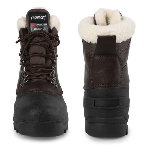riemot Men's Winter Snow Boots Waterproof Outdoor Boots Anti-slip Comfortable Boots Warm Fur Collar Shoes for Hiking Walking Camping Lace-up Shoes Brown US 9/ EU423
