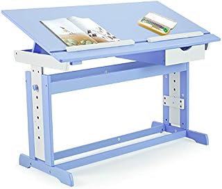 COSTWAY Drafting Study Desk, Height Adjustable Student Table with Storage Drawer, 3-Level Tilting Design Drawing Desktop, Multifunctional Children Reading Writing Tables for Boys Girls (Blue)