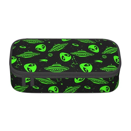 Image of Green Ufo Alien Star Large Pencil Case With Zipper Compartments Stationery Pencil Bag For Kids Teens Students School Supplies
