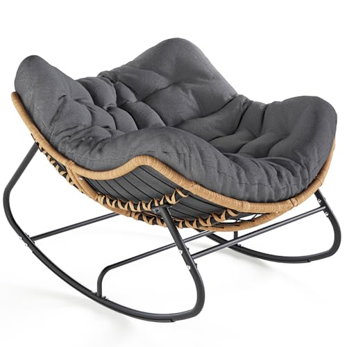 SWITTE Outdoor Rocking Chair, Oversized Patio Papasan Rocker, Comfy Wicker Reading Lounge, Indoor Egg Chair for Bedroom, Living Room, Porch, Garden, Lawn-Dark Grey