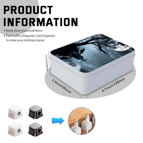 Image of Metal Tin Box with Lid,Multi-functional Storage Box Can Store Tea Biscuits Game Cards, Playing & Tarot Cards-Comes with 4 Magnetic Cord Clips,Raven Moonlight Scene