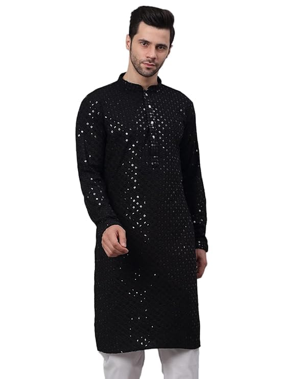 Men's Chikankari Embroidered Kurta with Sequin Work | Traditional Ethnic Wear Long Kurta for Weddings & Festive Occasions-image-2