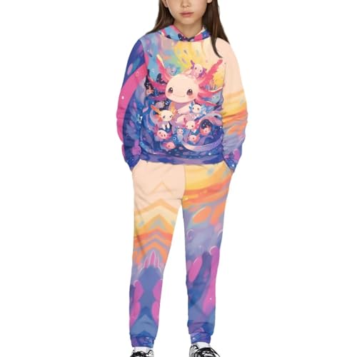Axolotl Hoodies Tracksuit Long Sleeve Sweatshirts Jogger Pant 2 piece Outfits Girls 9-10 Oil Painting Pullover Hoodies and Sweatpants with Pocket Back to School Clothes Sweatshirt Set