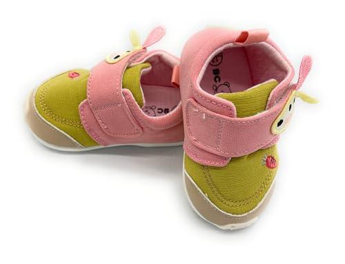 Image of Baby First Walking Shoes, Unisex Infant Sneakers, Hook & Loop Closure, Mid Top Canvas, Pink-Green Multicolour