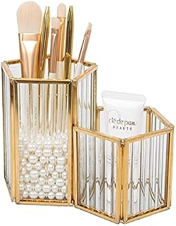 SLHEQING Makeup Brush Holder Glass Cosmetic Organizer Gold Makeup Organizer, Vintage Beauty Organizer (Gold A)