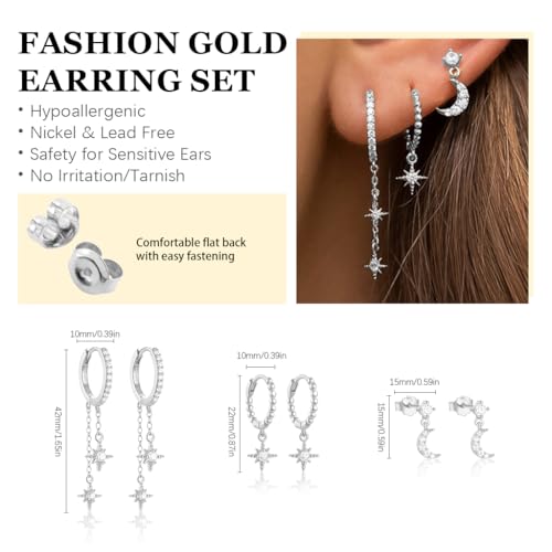 Image of SANNIDHI 3 Pairs Earrings Set for Women Stud Hoop Earrings Moon Star Earrings Combo for Multiple Piercing