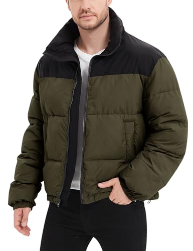 Flygo Men Puffer Jacket Winter Coats Waterproof Water Resistant Long Sleeve Zip Up Lightweight Quilted Down Jackets, Army Green, Large