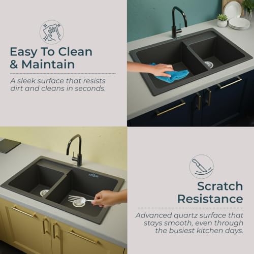 Image of ARQUIN Double Bowl Quartz Kitchen Sink 31x18x9 Inch Grey | Durable & Scratch-Resistant Sink | Undermount,Topmount | Including Coupling,Sink Connector,Waste Pipe & Fruit Washing Basket