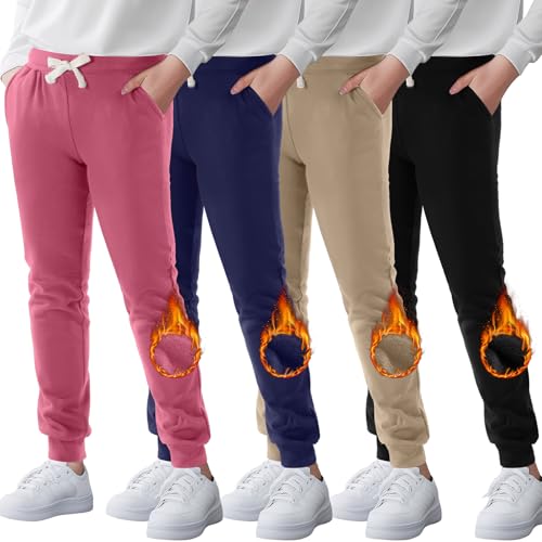Silkfly 4 Pack Boys and Girls Sweatpants with Pockets Active Fleece Jogger Pants for Kids Size 8-14 Years