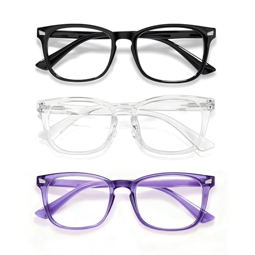 Image of Kids Blue Light Glasses 3 Pack Flexible TR90 Shatterproof Frame, Clear & Red Lenses Kids Fake Glasses 2-18 age