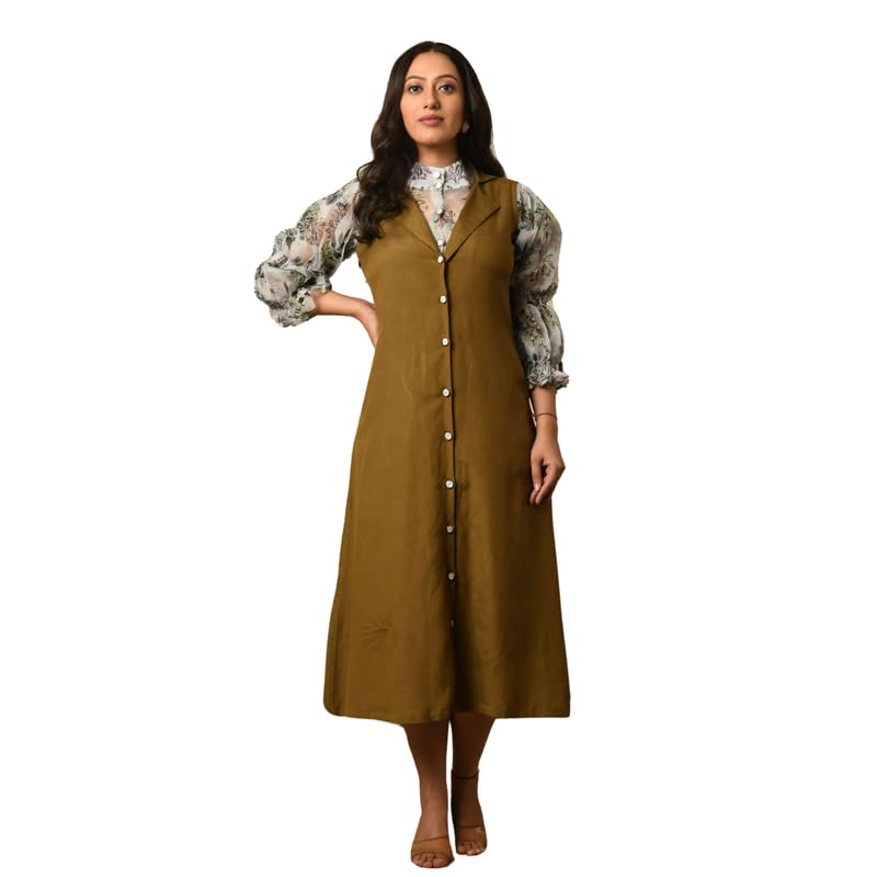 Image of Aaheli Women's Cotton Livvy Floral Shirt & Olive Tunic Set