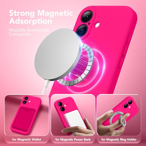 Image of Magnetic for iPhone 16 Case, Compatible with MagSafe, [Screen Protector + Full Camera Protection], Silicone Shockproof Anti-Scratch Protective Phone Case for iPhone 16 6.1 inch, Hot Pink
