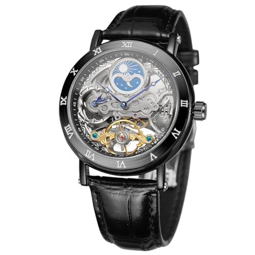 Image of FORSINING Men's Self Winding Automatic Watch Tourbillon Analog Skeleton Movement Moon Phase Wrist Watch with Genuine Leather Strap