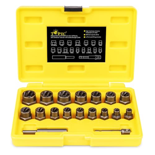 TOPEC 18-Piece Bolt Extractor Set, Rounded Bolt Remover Tool, Impact Bolt & Nut Extractor Set, 3/8 Drive Bolt Extractor Kit, for Removing Stripped, Damaged, Frozen, Rusted, Rounded-Off Bolts & Nuts