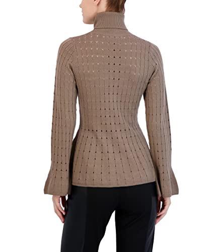 Bcbgmaxazria Women's Fitted Peplum Sweater Long Sleeve Bell Cuff Turtle Neck Ruffle Hem Top, Camel, X-Small #TOP2