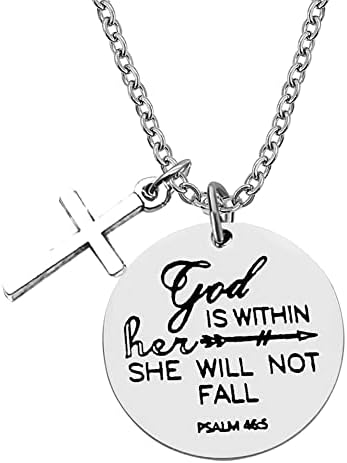 Christian Necklace Religious Verse Gift Prayer Charm Necklace Faith Religious Jewelry for Women Girls God Is Within Her She Will Not Fall Necklace Gift for Birthday Christmas