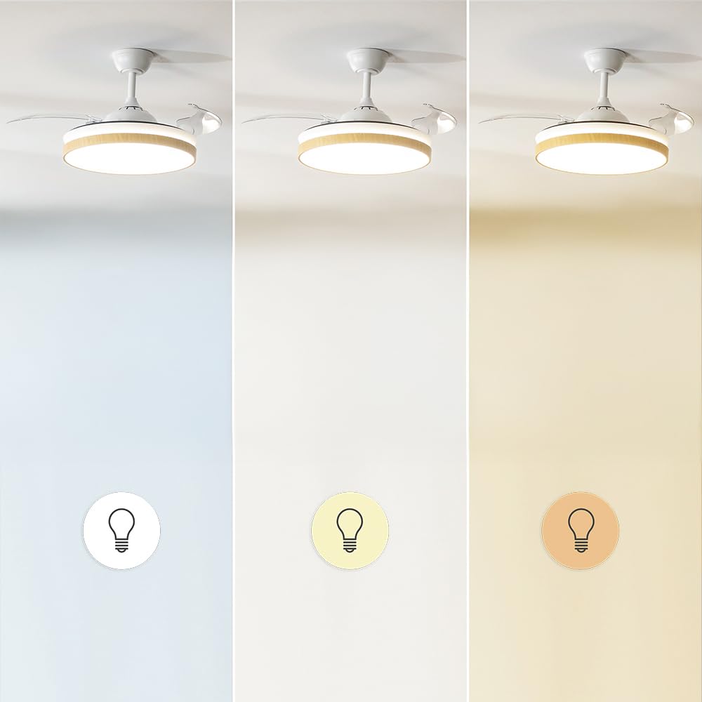 Cecotec Ventilatore da Soffitto con Luce Energysilence Aero 4320 Invisible Wood&White. 35W. 6 Velocità. Pale Retrattili. Telecomando. Timer. LED Integrato. Intensità Luminosa Regolabile
