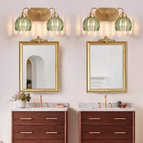 Image of Vintage Gold Vanity Lights, 2-Light Green Tulip, Antique Brass Finish | Brushed Gold Bathroom Light Fixtures, Crystal Wall Sconce Ideal for Bedroom, Living Room, E26 Compatible, Easy Install