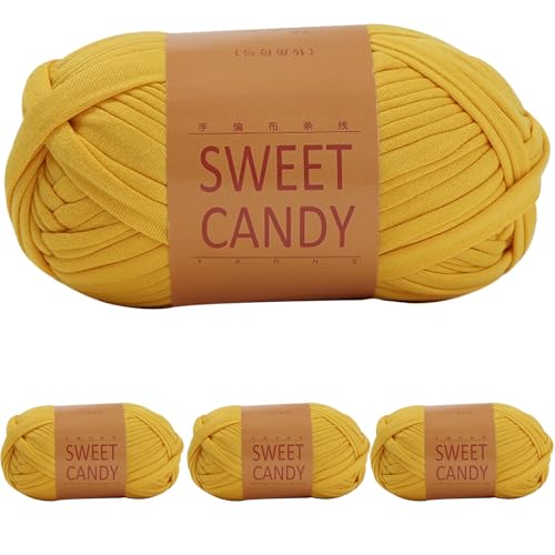Yixinly 400g Trapillo para Crochet, Trapillo Pluma Trapillo Hilo de Crochet para Bolsos, DIY y Tejido, Bolso de Mano Cestas, Mantas y Decoración del Hogar 4x100g (Dorado)