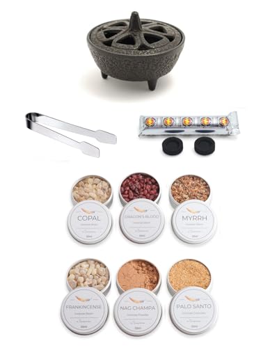Kit de brûleur d'encens avec brûleur en fonte, boîtes de 30 ml d'encens frais, pince en acier inoxydable et disques de charbon de bois (Collection de 6)